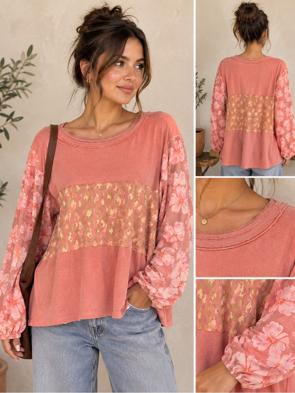 easel Coral Pink Floral Patchwork Pullover